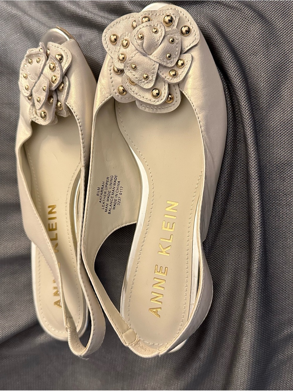 Anne Klein Cream Slingback Flats with Floral Stud Accent